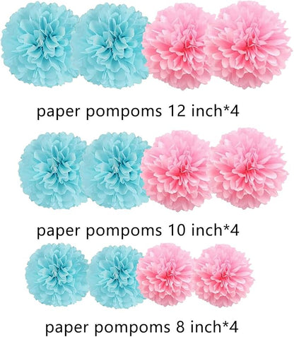 We Moment Tissue Paper Pom Poms Decorations - Pink & Blue Paper Flowers 12 pcs - Gender Reveal Party Decorations for Baby Showers
