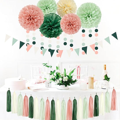 Sage-Olive Green Pink-Beige Boho Party Decorations -23pcs Rustic Neutral Wedding Paper Tissue Pom Poms Streamers,Tassel Garland Banner,Birthday Baby Bridal Shower Engagement Decor Lasting Surprise