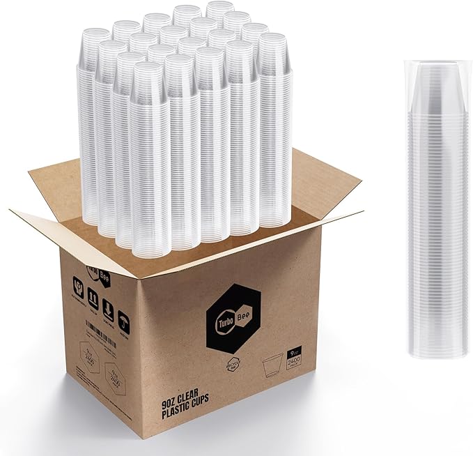 Turbo Bee 2400 Pack 9 OZ Clear Plastic Cups Bulk, 9 Ounce Disposable Water Cold Drinking Cups Tumblers For Party, Thanksgiving, Halloween, Christmas, and Events