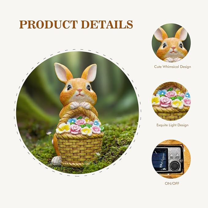 Garden Solar Rabbit Outdoor Statues - 6x4.7x8.5in Waterproof Decor for Yard Lawn Patio Porch Balcony - Easter Christmas Mother’s Day Birthday Housewarming Gifts for Women Mom Grandma