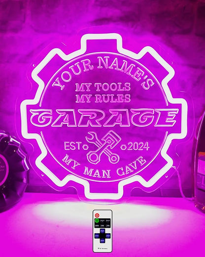 Custom Garage Neon sign for Wall Decor with Timing Remote, Personalized Gear Garage LED Neon Light for Man Cave, Home Bar, Workshop, Son Dad Birthday Gift PINK