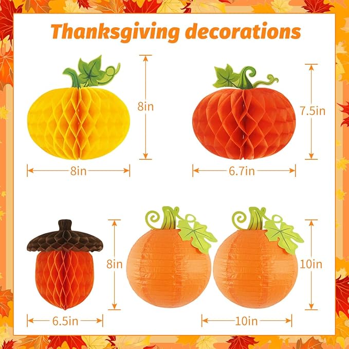 Thanksgiving Party Decorations Give Thanks Banner Paper Lanterns Honeycomb Pumpkins Fall Acorn Paper Fans for Fall Friendsgiving Turkey Thanksgiving Decor Indoor Outdoor