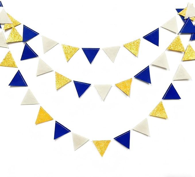 Blue Gold Beige Party Decoration Royal Gold Glitter Felt Hanging Triangle Mini Bunting Pennant Banner Flag for Birthday Wedding Graduation Baby Shower Nautical Ahoy Achor Party Nursery Classroom Decor
