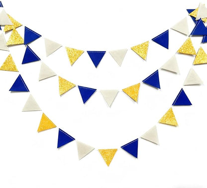 Blue Gold Beige Party Decoration Royal Gold Glitter Felt Hanging Triangle Mini Bunting Pennant Banner Flag for Birthday Wedding Graduation Baby Shower Nautical Ahoy Achor Party Nursery Classroom Decor