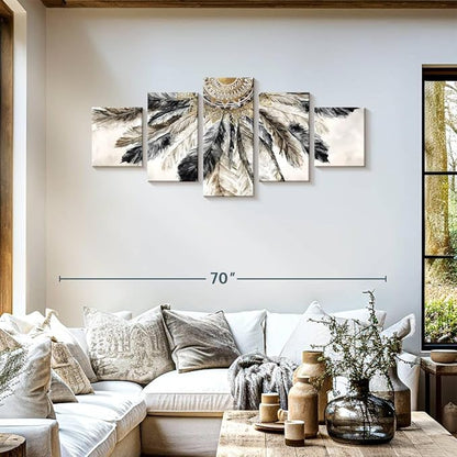 ElephantStock - Necklace Of Feathers Iii Wall Art - Horizontal Multi Panel Canvas - 5 Piece Living Room Wall Decor - Painting Multi Piece Wall Art - Brown And Gray Decor by Eva Watts - 55" x 24"