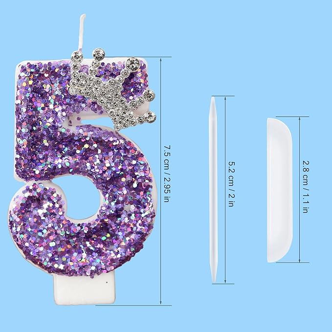 Birthday Number Candles,Purple Crown Birthday Candles for Cake,Glitter Number 5 Candle Cake Topper with Sequins for Anniversary Celebrations Supplies (Number 5)