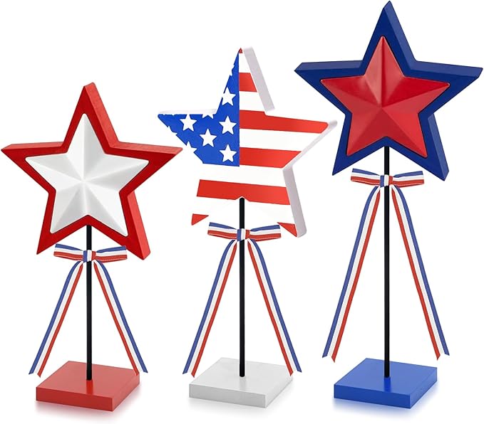 4th of July Table Decorations Accessories: 3 PCS Red White and Blue Wooden Star Signs for Home, Patriotic Wood Star Decor for Independence Day Party Favors Supplies, Rustic Tiered Tray Decor