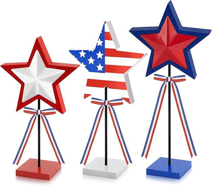 4th of July Table Decorations Accessories: 3 PCS Red White and Blue Wooden Star Signs for Home, Patriotic Wood Star Decor for Independence Day Party Favors Supplies, Rustic Tiered Tray Decor