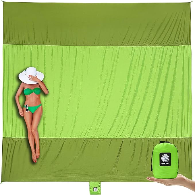 WEKAPO Beach Blanket Sandproof Waterproof, Extra Large Beach Mat, Oversized & Compact Sand Free Mat Quick Drying, Lightweight & Durable with Stakes & Corner Pockets