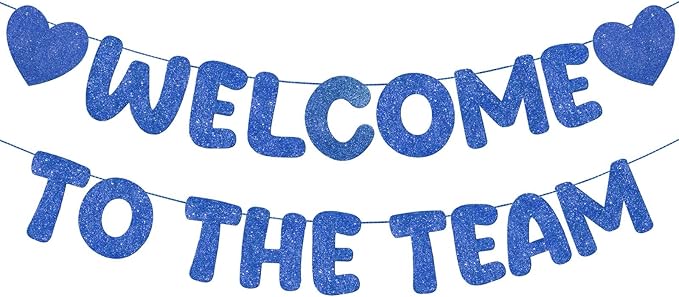 Fulmoon Pre Strung Welcome to The Team Banner with Two Heart Signs, NO DIY, Glitter Welcome Party Supplies for New Employee, Coworker, Colleague, Staff, Team Member Office Decorations(Navy Blue)
