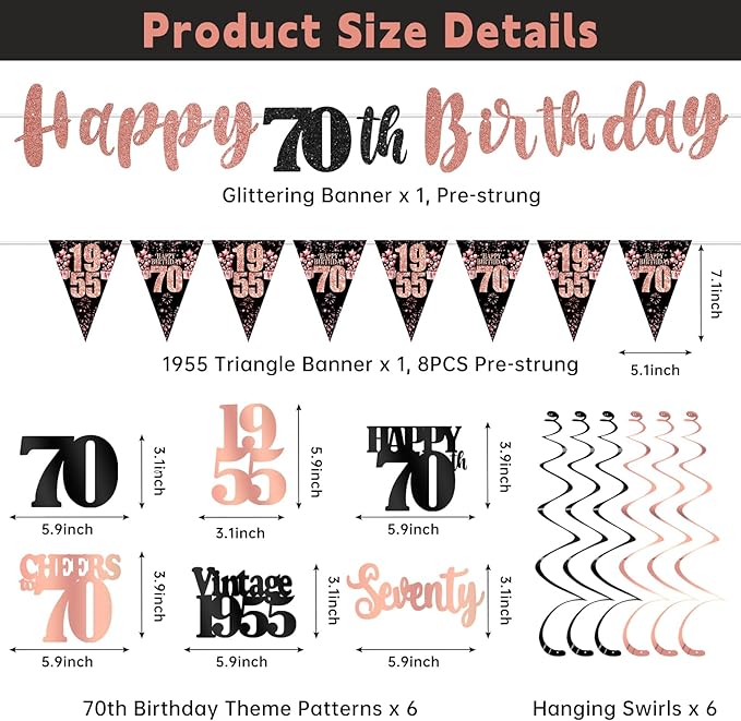 70th Birthday Decorations for Women, Black Rose Gold Happy 70th Birthday Banner Hanging Swirls Vintage 1955 Decorations Kit Cheers to 70 Party Supplies