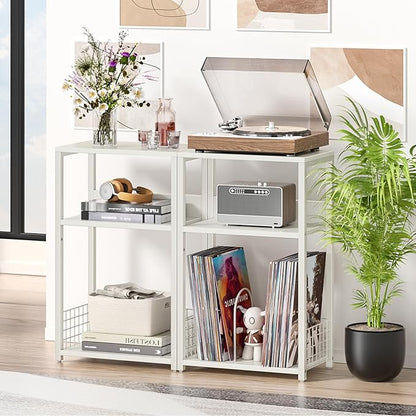 LELELINKY Large White Record Player Stand, 3 Tier 18" Wide Big End Table with Vinyl Storage Up to 130 Albums, Industrial Turntable Printer Tables, Modern Side Tables for Living Room, Bedroom, Office