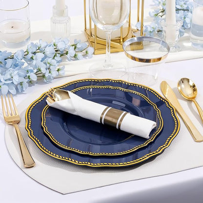 Hioasis 350pcs Blue and gold Plastic Plates - Blue Plastic Dinnerware Set Includes 50 Dinner Plates, 50 Dessert Dinnerware, 50 Cups, 50 Rolled Napkin Cutlery Perfect for Wedding & Christmas