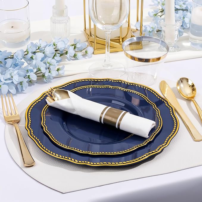Hioasis 175pcs Blue Gold Plastic Plates - Gold Plastic Dinnerware Set Includes 25 Dinner Plates, 25 Dessert Dinnerware, 25 Cups, 25 Napkins Perfect for Christmas & Party