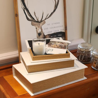 Modern Linen and Wood Decorative Faux Book Boxes Set of 3-13",10",8" - White