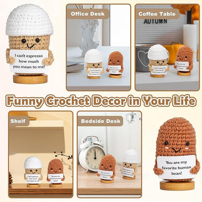 2 Pcs Coffee Gifts Mini Emotional Support Crochet Coffee Bean Set - Espresso Love And Favorite Human Bean, Cool Emotional Support Plush Gift for Latte Lover, Crochet Office Decor for Women Men