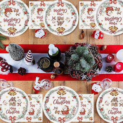 125PCS Christmas Party Paper Plates and Napkins Forks Cups Set for 20 Guests, Santa Claus Snowman Disposable Dinnerware Set Party Supplies (White)