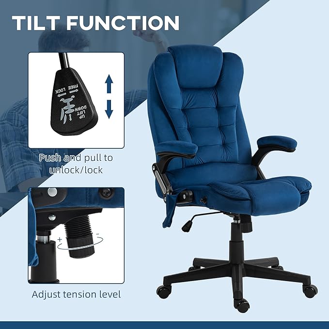 HOMCOM Executive Office Chair with 6 Points Vibration Massage and Heated Lumbar Support, Velvet High Back Computer Chair with Reclining Backrest, Tilt Function and Padded Armrests, Drak Blue