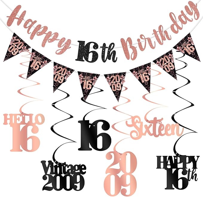 16th Birthday Decorations for Girls, Black Rose Gold Happy 16th Birthday Banner Vintage 2009 Hello 16 Decorations Kit Hanging Swirls Sixteen Year old Bday Party Supplies