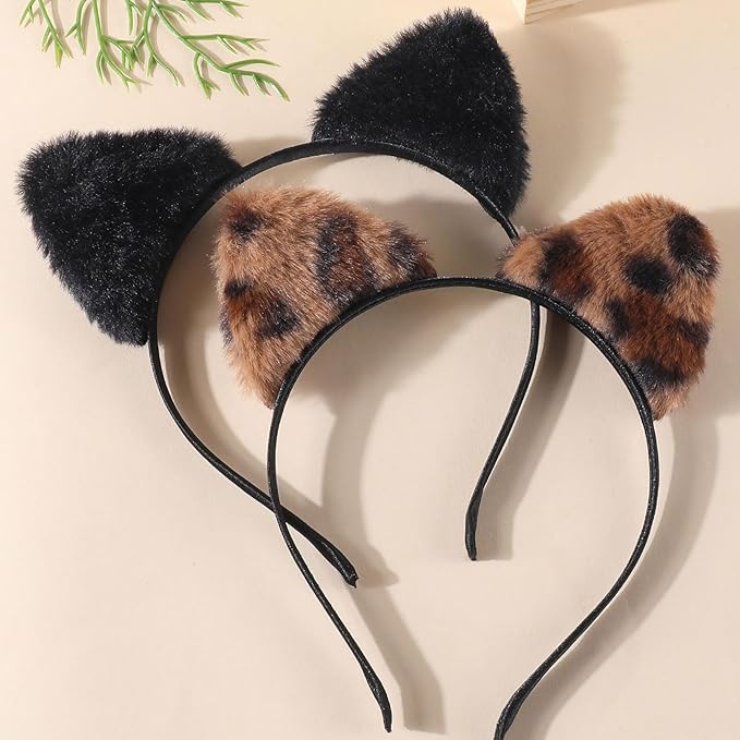 Animal Ear Headbands,3Pcs Plush Cat Ears Costume Headband Hair Band with Cat Ear Cute Ear Hair Accessories for Themed Events and Party Decoration (Brown,Beige,Black)