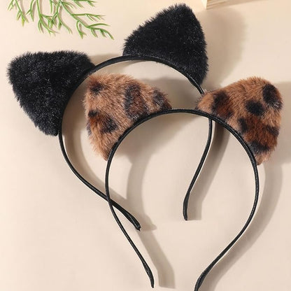 Animal Ear Headbands,3Pcs Plush Cat Ears Costume Headband Hair Band with Cat Ear Cute Ear Hair Accessories for Themed Events and Party Decoration (Brown,Beige,Black)
