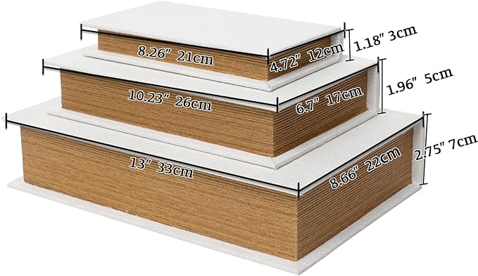 Modern Linen and Wood Decorative Faux Book Boxes Set of 3-13",10",8" - White
