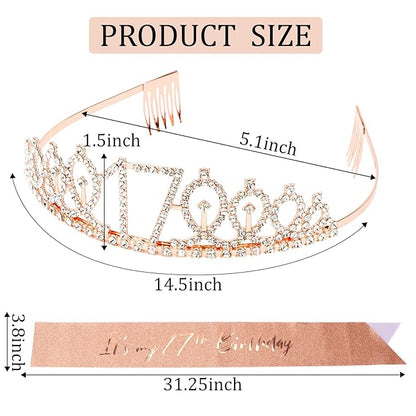 CIEHER 17th Birthday Crown and Sash for Girls, It's My 17 Bday Sash, 17th Birthday Decorations Rose Gold