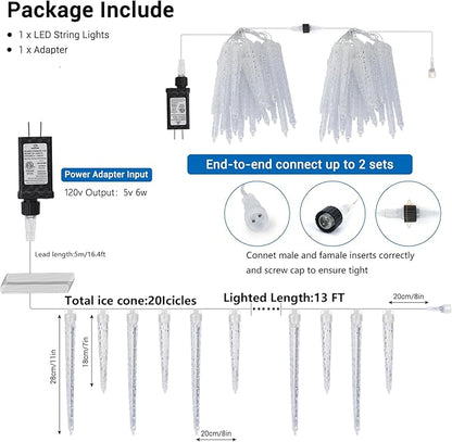 Joomer Icicle Christmas Lights Outdoor,13FT 20 Icicles 320 LED Meteor Shower Icicle Lights Timer Waterproof Connectable Christmas Light for Outside Home Xmas Decoration - White