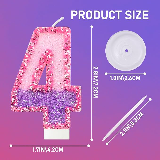 Birthday Number Candles for Cake, Pink Purple Glitter Number Candles for Cake Toppers, Ideal Birthday Parties Cake Decor, Wedding Anniversary and Other Celebrations (4 Candle)