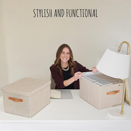 ZICOTO Decorative File Organizer Box Set of 2 - Collapsible Linen Filing Cabinets w/Handles Are Perfect to Store all Your Documents & Hanging File Folders - Portable Easy Slide Crates with Lid