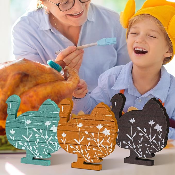 Smile 3 Pcs Wooden Blocks Colorful Turkey Signs, Thanksgiving Decor Indoor, Table Tiered Tray Kitchen Decorations