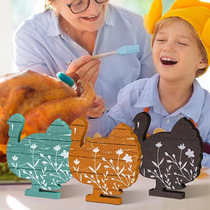 Smile 3 Pcs Wooden Blocks Colorful Turkey Signs, Thanksgiving Decor Indoor, Table Tiered Tray Kitchen Decorations