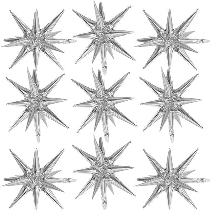 Silver Star Balloons,9Pcs 22Inch Silver Explosion Spike Cone Helium Polyester Film Star Foil Balloons for Birthday Anniversary Baby Shower Wedding New Year Disco Party Decorations