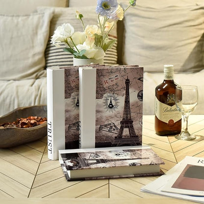 Decorative Books for Decor, Contemporary Faux PU Leather and Wooden Storage Boxes Set of 3, Vintage Keepsake Box for Home, Living Room, Shelves (Faith Hope Trust, Eiffel Tower, Paris)