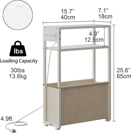 White Side Table with Charging Station, Slim End Tables with Linen Basket, Skinny Table for Small Spaces, Thin Bedside Table for Living Room, Bedroom