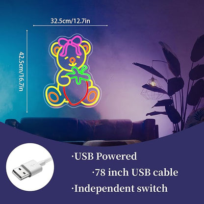 Strawberry Bear Neon Sign Girl Room Decor Led Neon Lights Signs for Wall Decor USB Powered Led for Room Decoration
