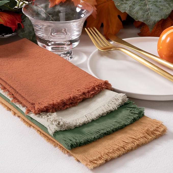 12 Pack Mixed Thanksgiving Color Cotton Linen Napkins With Fringe - Fall Cloth Set of 12 Boho Handmade Dinner Bulk for Wedding Fall Dining Table, 17 x 17