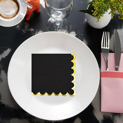 200 Pack Black Paper Napkins - Gold Foil Scalloped Cocktail Napkins for Themed Party Supplies, Birthday, Baby Shower, Wedding