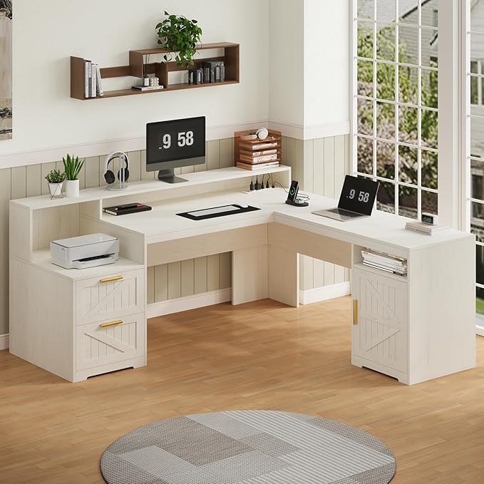 63" Farmhouse L Shaped Executive Desk with Drawers & Storage Shelf, Corner Computer Desk with Power Outlets, L Shaped Office Desk with Monitor Stand, Printer Shelf, White