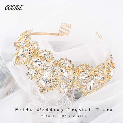 Gold Tiara and Crown for Women Crystal Headband with Comb Rhinestones Princess Hairpiece for Girls Wedding Hair Accessories for Party Bride Bridesmaids Bridal Prom Halloween Costume Cosplay