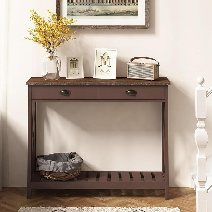 ChooChoo Farmhouse Console Table with Drawer for Entryway, Narrow Long Entry Table with Shelf for Living Room, Rustic Vintage Hallway Sofa Table with Stable X Supports, 40 Espresso