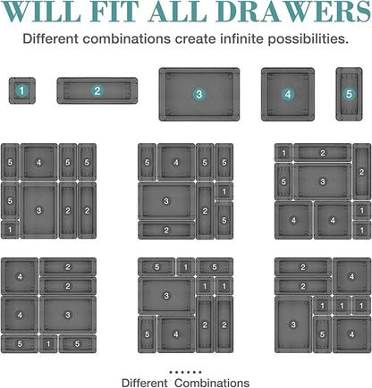 16 PCS Drawer Organizer Set, 5 Varied Size Bathroom and kitchen Drawer cabinet organizer Trays, Clear Storage Bins for Makeup, Jewelry, Utensils and Gadgets, Black