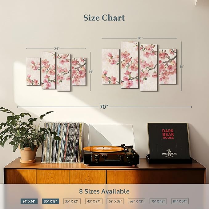 Elephant Stock Cherry Blossom Composition I Wall Art - Horizontal Canvas - 4-Piece Living Room Wall Decor - Branch Painting Canvas Print - Pink and Green Decor for Wall by Tim O'Toole - 30" X 18"