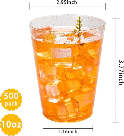 I00000 500pcs Gold Glitter Cups - 10 OZ Hard Plastic Disposable Cups for Cocktail and Drinking - Premium Party Cup with Gold Glitter Perfect for Thanksgiving Day and Birthday