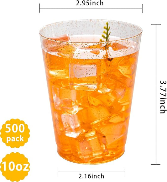 I00000 500pcs Gold Glitter Cups - 10 OZ Hard Plastic Disposable Cups for Cocktail and Drinking - Premium Party Cup with Gold Glitter Perfect for Thanksgiving Day and Birthday