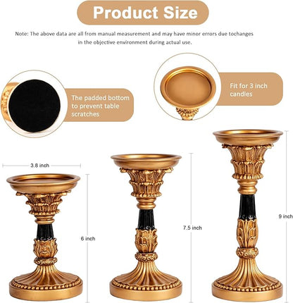 Vintage Candle Holders Set of 3 – Hand-Painted Resin Pillar Candle Stands – Antique Gold Decorative Candle Holder Set for Table Centerpiece, Mantel, Wedding, and Home Decor
