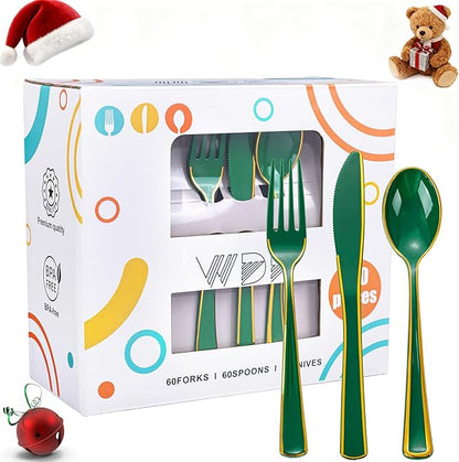 WDF 180PCS Green Plastic Silverware - Green Utensils 60 Forks, 60 Knives and 60 Spoons - Heavy Duty Christmas Plastic Cutlery for Party Supplies/Christmas