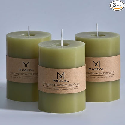 MOZEAL 3" x 4" Hand-Poured Unscented Olive Green Candle, Dripless Moss Green Pillar Candle Set of 3, Long Clean Burning, Approx 72 Hours Burn Time, Rustic Country Style, Home Decor