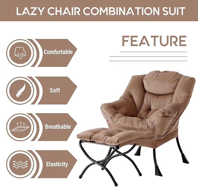 LITA Lazy Chair with Ottoman, Modern Accent Leisure Upholstered Sofa Chair, Contemporary Lounge Reading Chairs with Armrests and a Side Pocket for Living Room, Bedroom & Small Space, Dark Brown