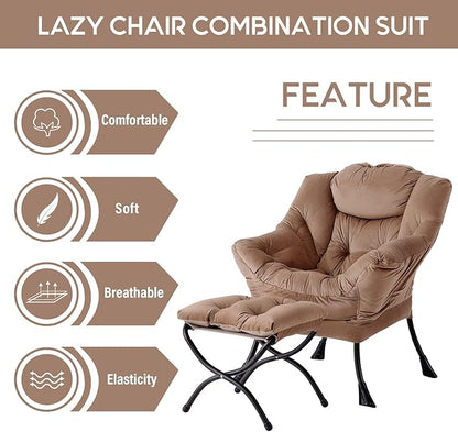 LITA Lazy Chair with Ottoman, Modern Accent Leisure Upholstered Sofa Chair, Contemporary Lounge Reading Chairs with Armrests and a Side Pocket for Living Room, Bedroom & Small Space, Dark Brown